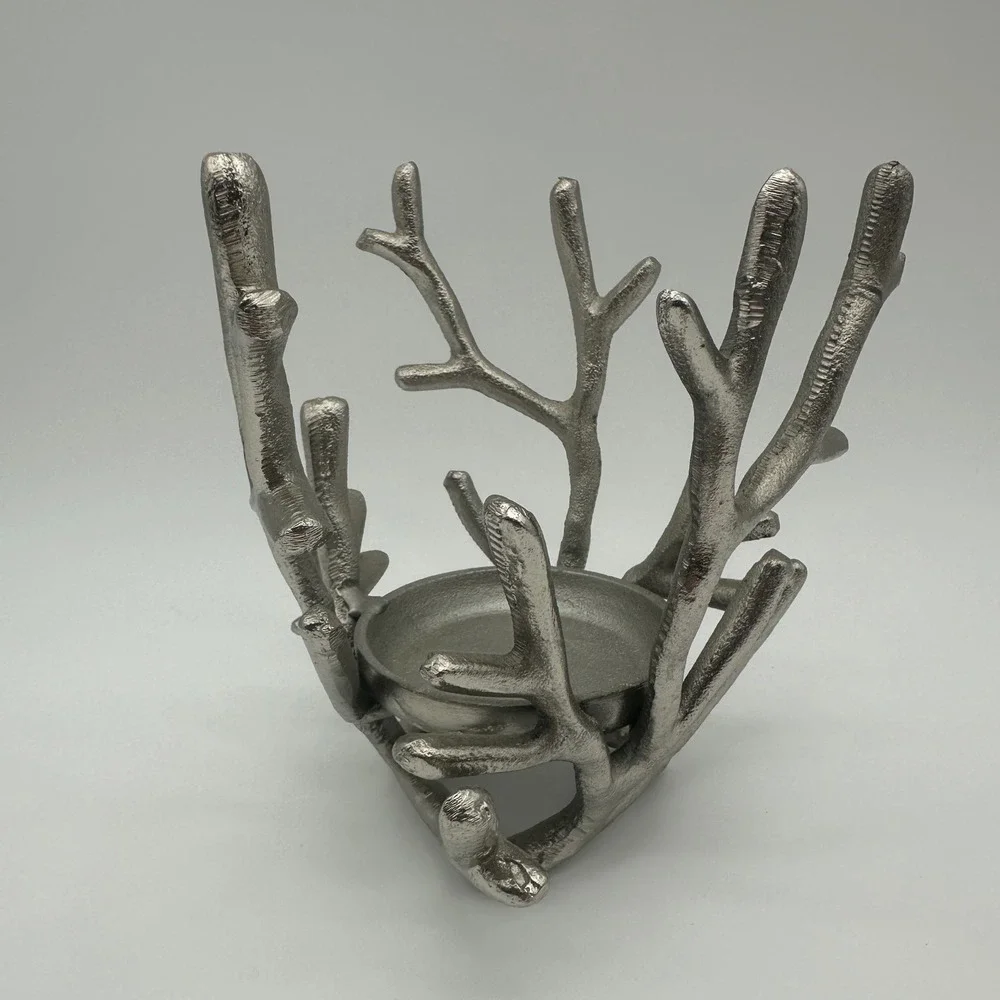 Silver Metal Branch Twig Antler Pillar Candle Holder Rustic Centerpiece 94911